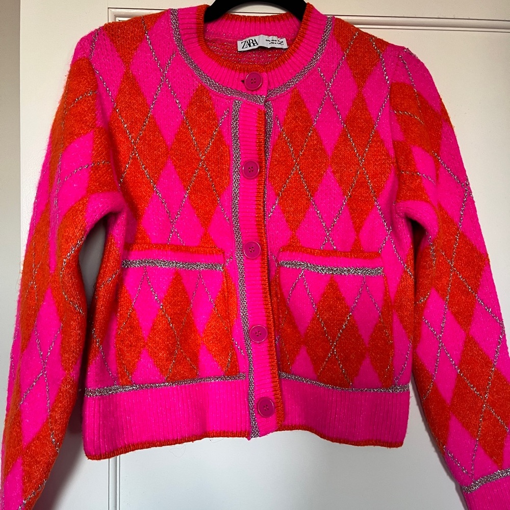 Zara Pink and Orange Cozy Argyle Cardigan